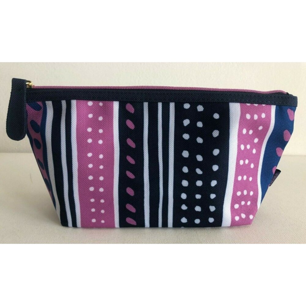 Estee Lauder Blue Purple Strips Dots Canvas Makeup Cosmetic Purse Clutch Bag